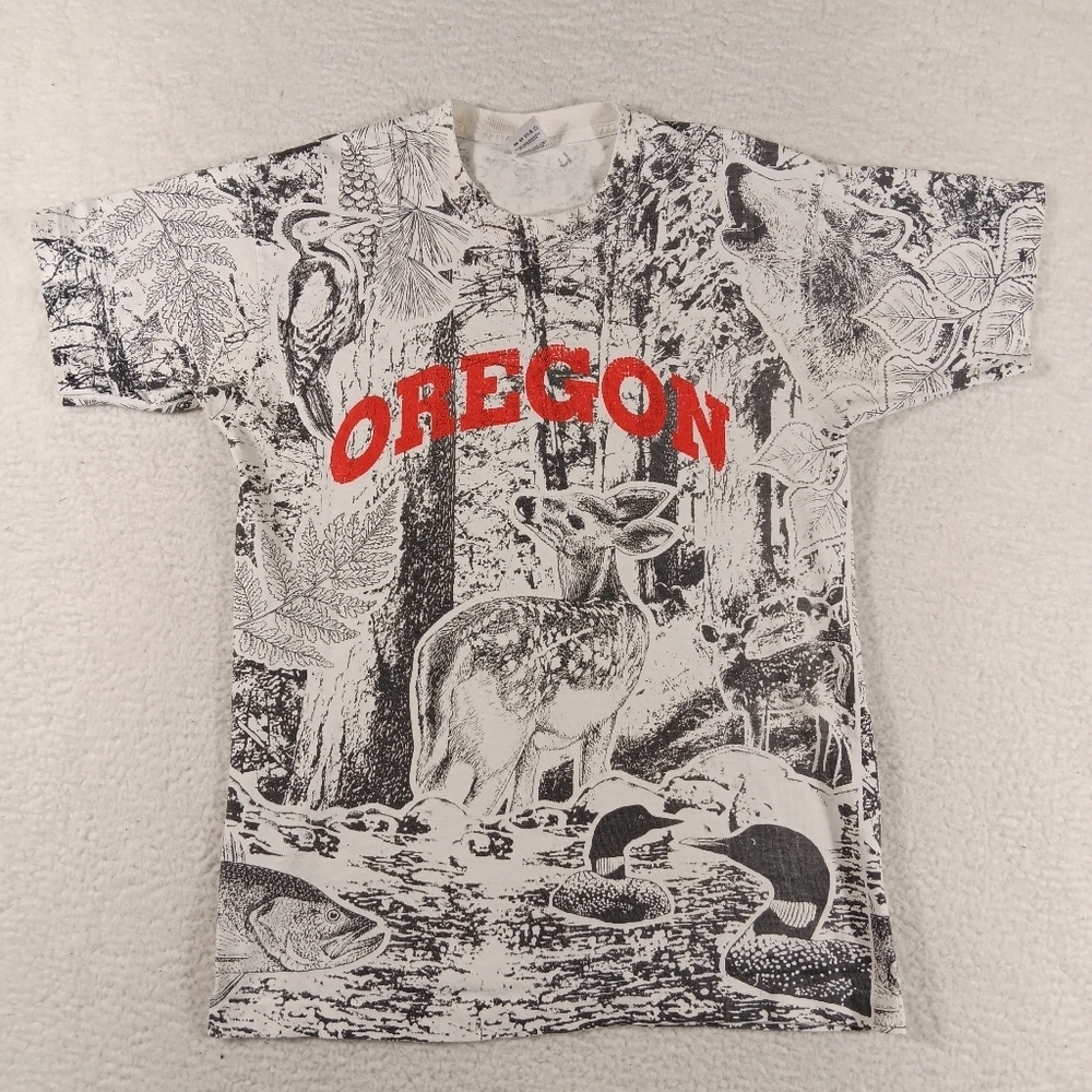 Vintage 90s Fruit Of The Loom Shirt Mens Large White Oregon AOP Deer Mallard